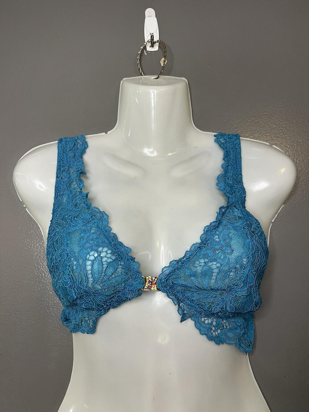 Savage X Fenty Bralette Bra Womens Medium Blue Lace Sheer Wireless X Rhinestone